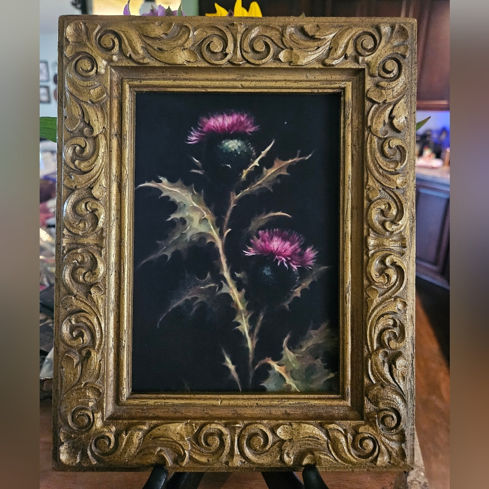 Vtg Gold Tone Ornate Burwood Plastic Frame w/ Moody Purple Thistle Art Print 8"